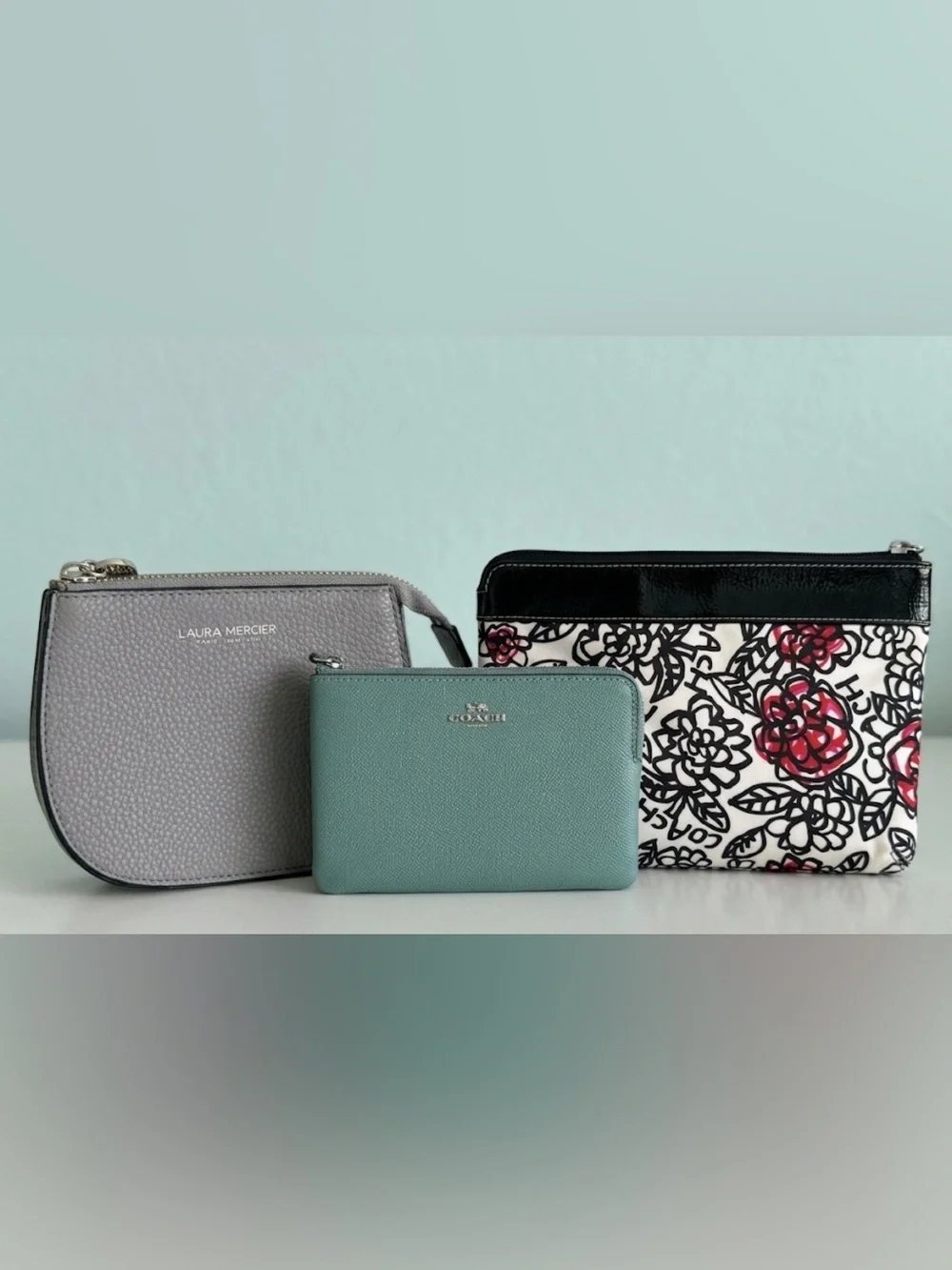 Coach Teal Green Pebble Leather Wristlet Coach Cosmetic Bag & Laura Mercier Grey